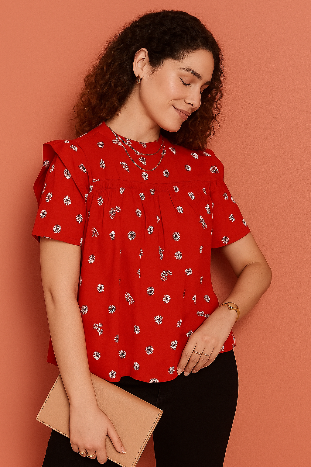 Ruffle Sleeve Top with Daisy Print and Shirred Neckline