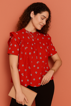 Ruffle Sleeve Top with Daisy Print and Shirred Neckline