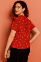 Ruffle Sleeve Top with Daisy Print and Shirred Neckline