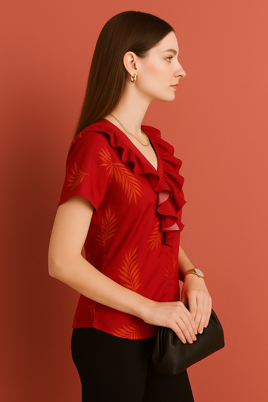Ruffle Trim V-Neck Blouse with Subtle Leaf Pattern