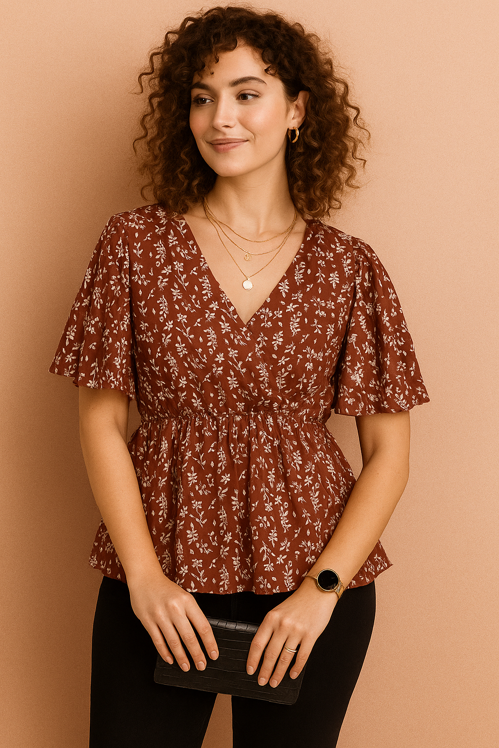Floral Print V-Neck Peplum Top with Flutter Sleeves
