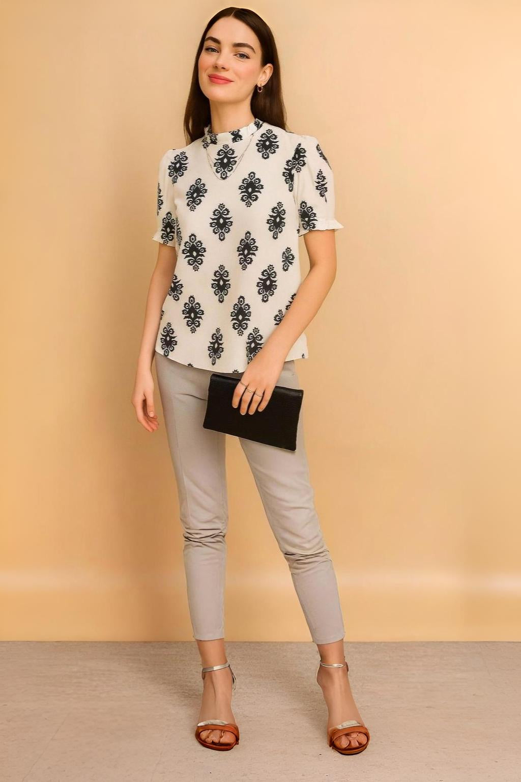 Elegant Printed Ruffle Neck Top