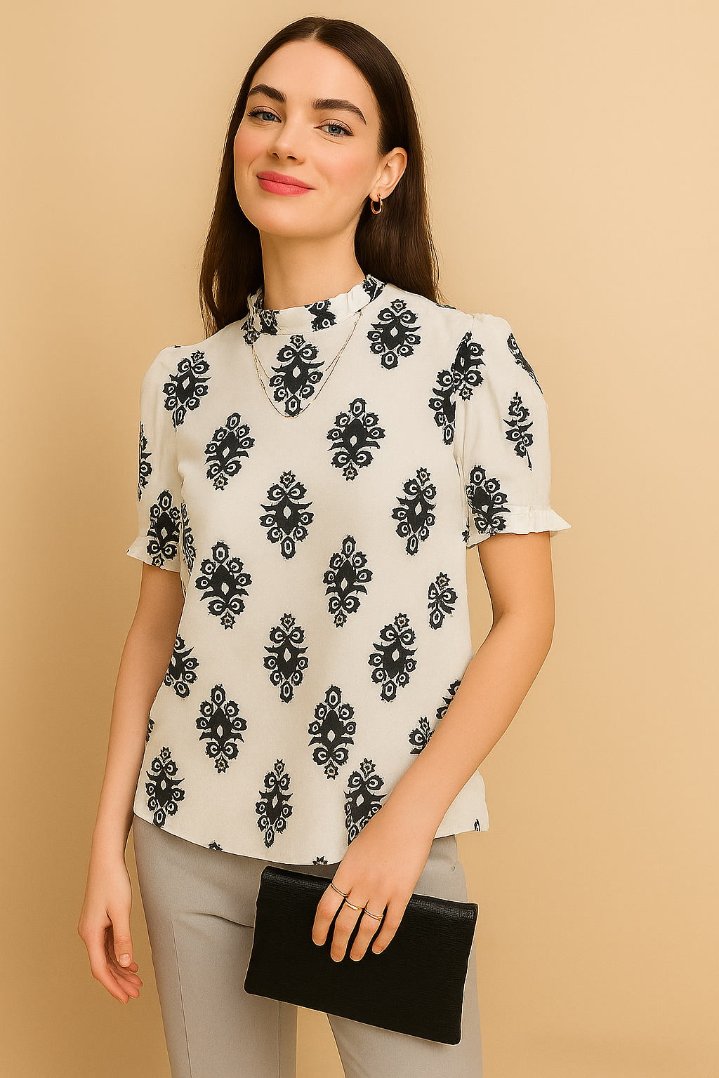 Elegant Printed Ruffle Neck Top