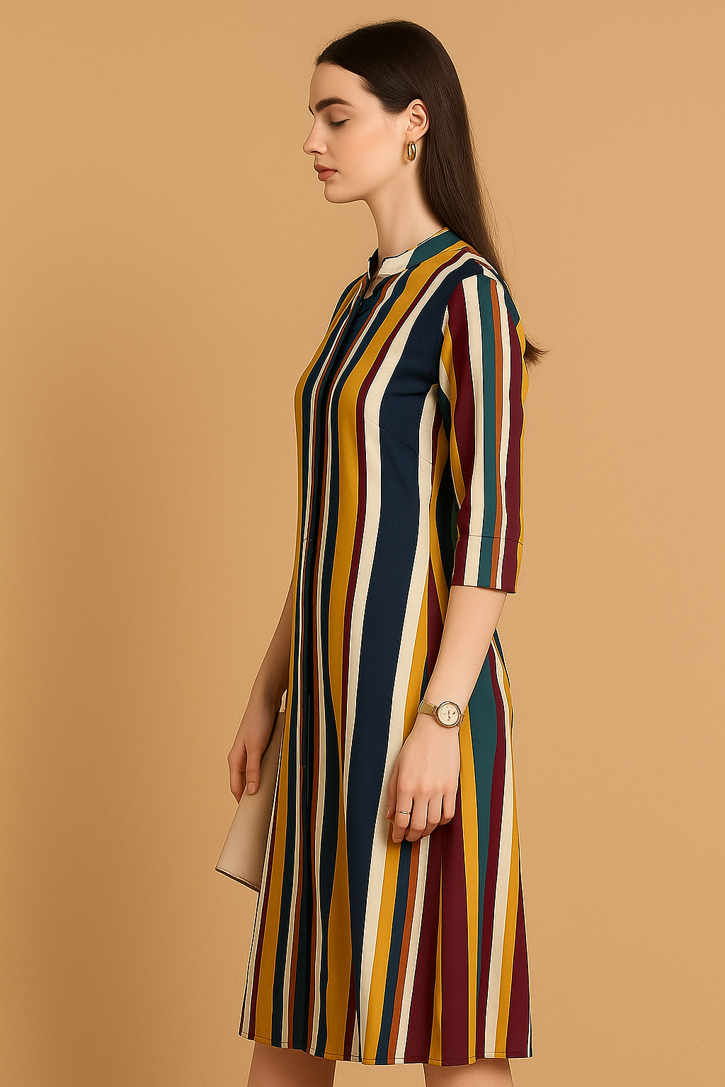 Multicolor Vertical Stripe Mandarin Collar Cotton Dress