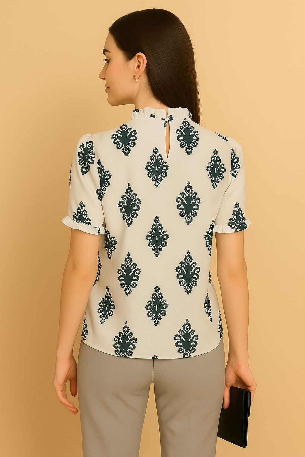 Elegant Printed Ruffle Neck Top