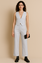 Pinstripe Sleeveless V Neck Formal Jumpsuit