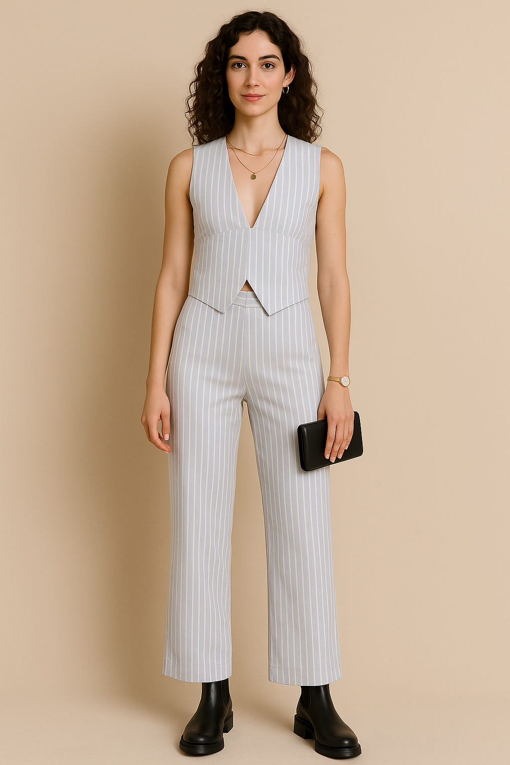 Pinstripe Sleeveless V Neck Formal Jumpsuit