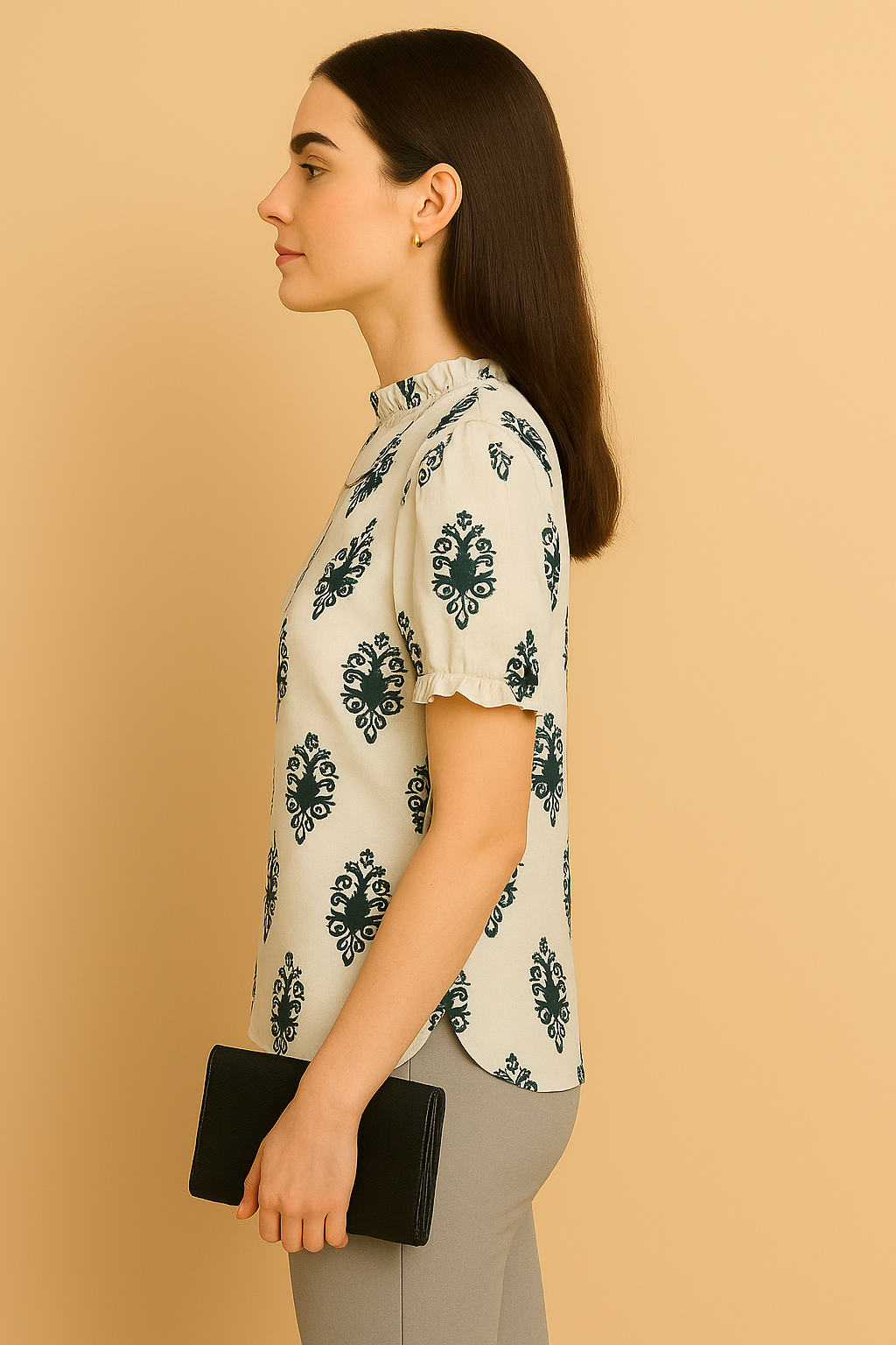 Elegant Printed Ruffle Neck Top