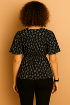 Floral Print V-Neck Peplum Top with Flutter Sleeves
