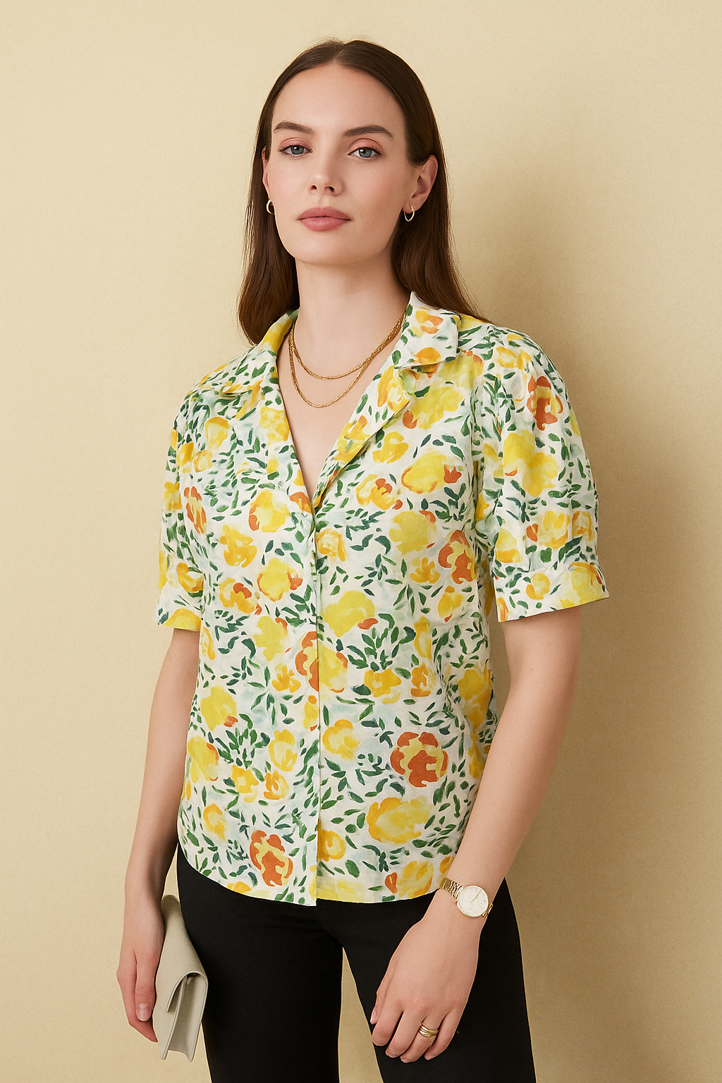 Multicolor Floral Button-Down Shirt in Lightweight Cotton Linen with Hip Length and Half Sleeves