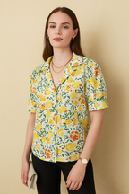 Multicolor Floral Button-Down Shirt in Lightweight Cotton Linen with Hip Length and Half Sleeves