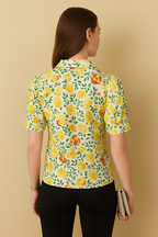 Multicolor Floral Button-Down Shirt in Lightweight Cotton Linen with Hip Length and Half Sleeves