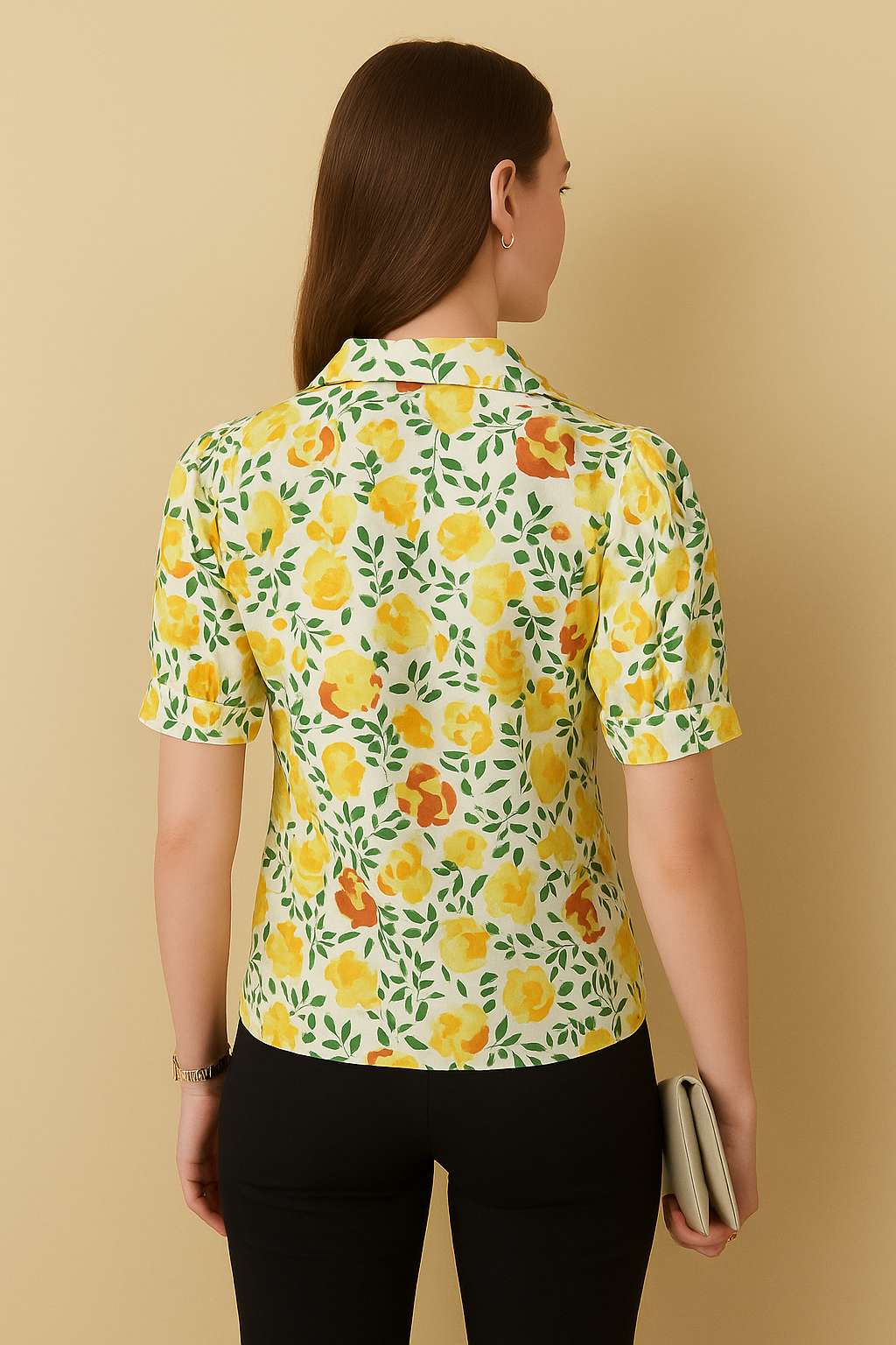 Multicolor Floral Button-Down Shirt in Lightweight Cotton Linen with Hip Length and Half Sleeves