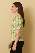 Multicolor Floral Button-Down Shirt in Lightweight Cotton Linen with Hip Length and Half Sleeves