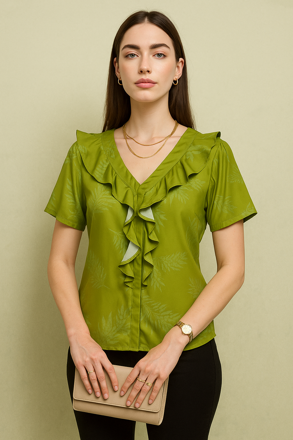 Ruffle Trim V-Neck Blouse with Subtle Leaf Pattern