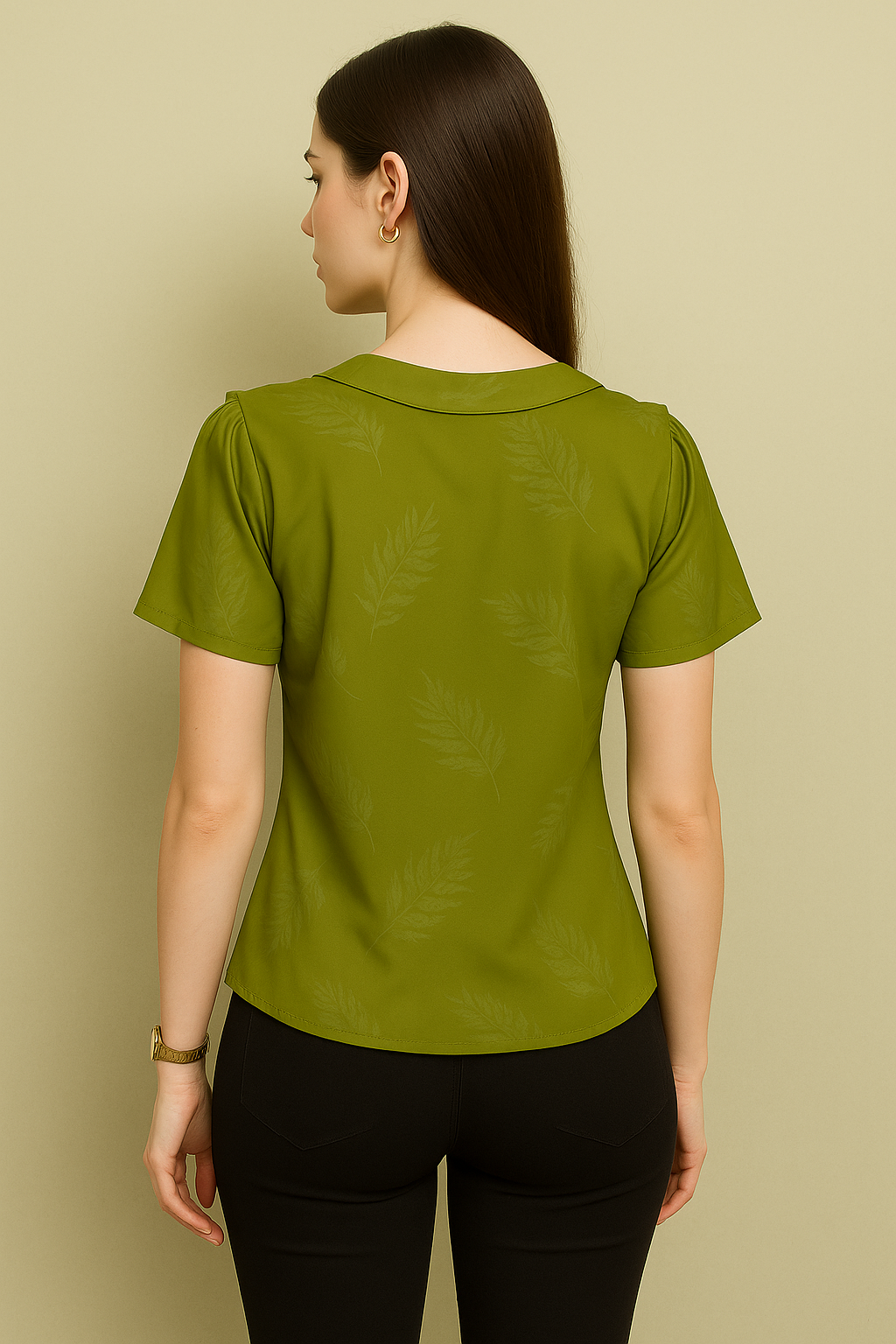 Ruffle Trim V-Neck Blouse with Subtle Leaf Pattern
