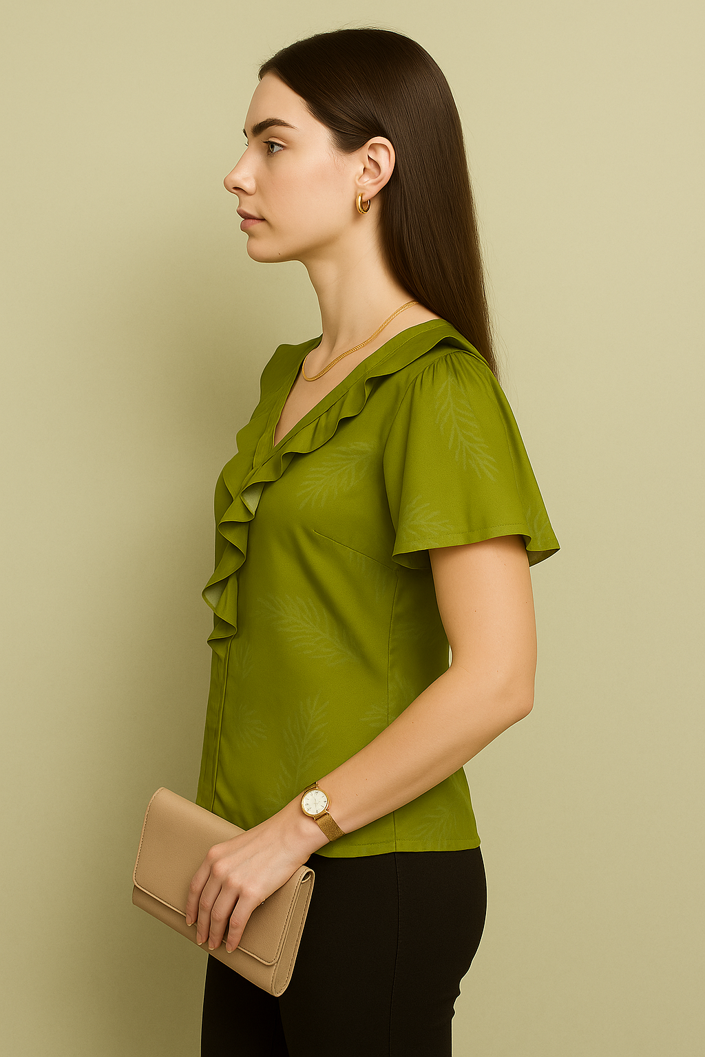 Ruffle Trim V-Neck Blouse with Subtle Leaf Pattern