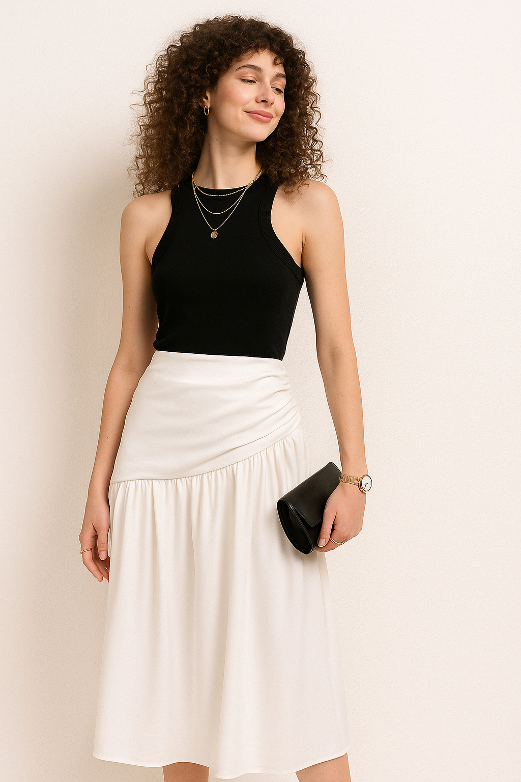 Asymmetric Waist Midi Skirt with Gathered Detail