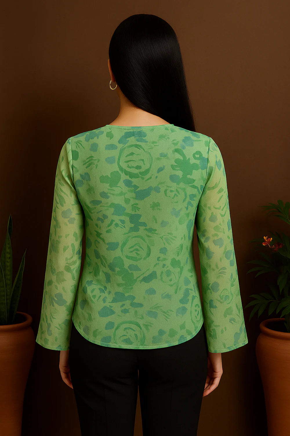 Floral Chiffon Top with Long Sleeves Ruffle Front and Tie Neckline