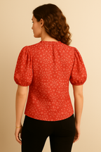 Periwinkle Floral Cotton Top with Puff Sleeves and Tie-Neck Detail