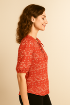 Periwinkle Floral Cotton Top with Puff Sleeves and Tie-Neck Detail