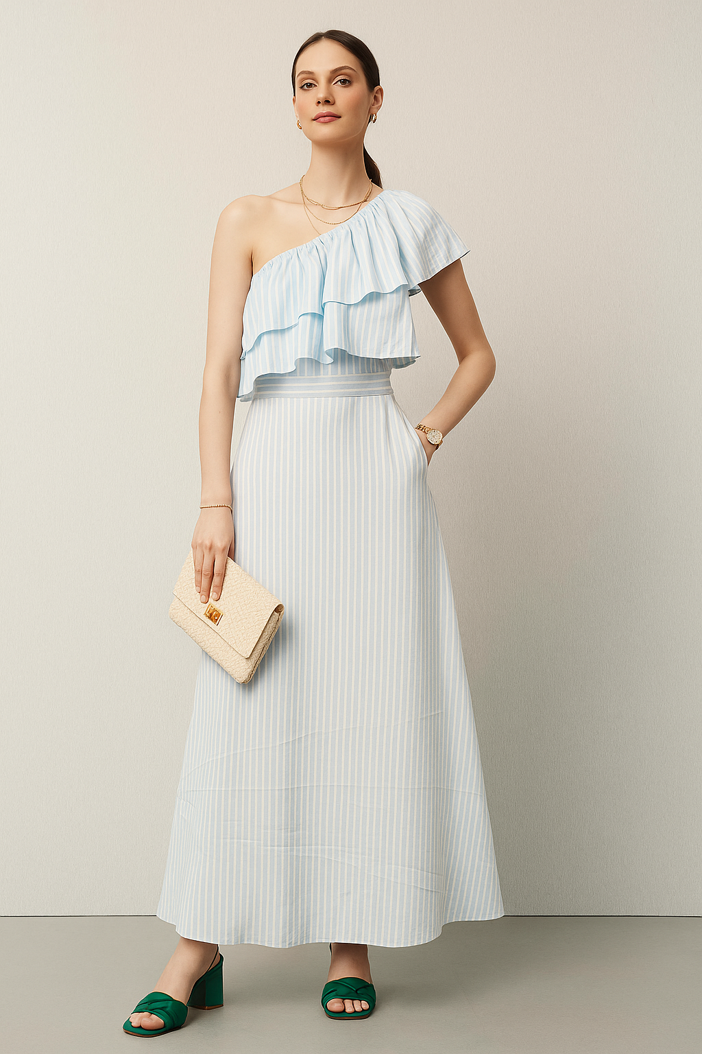 One-Shoulder Ruffle Tiered Bodice Maxi Dress with Vertical Stripes