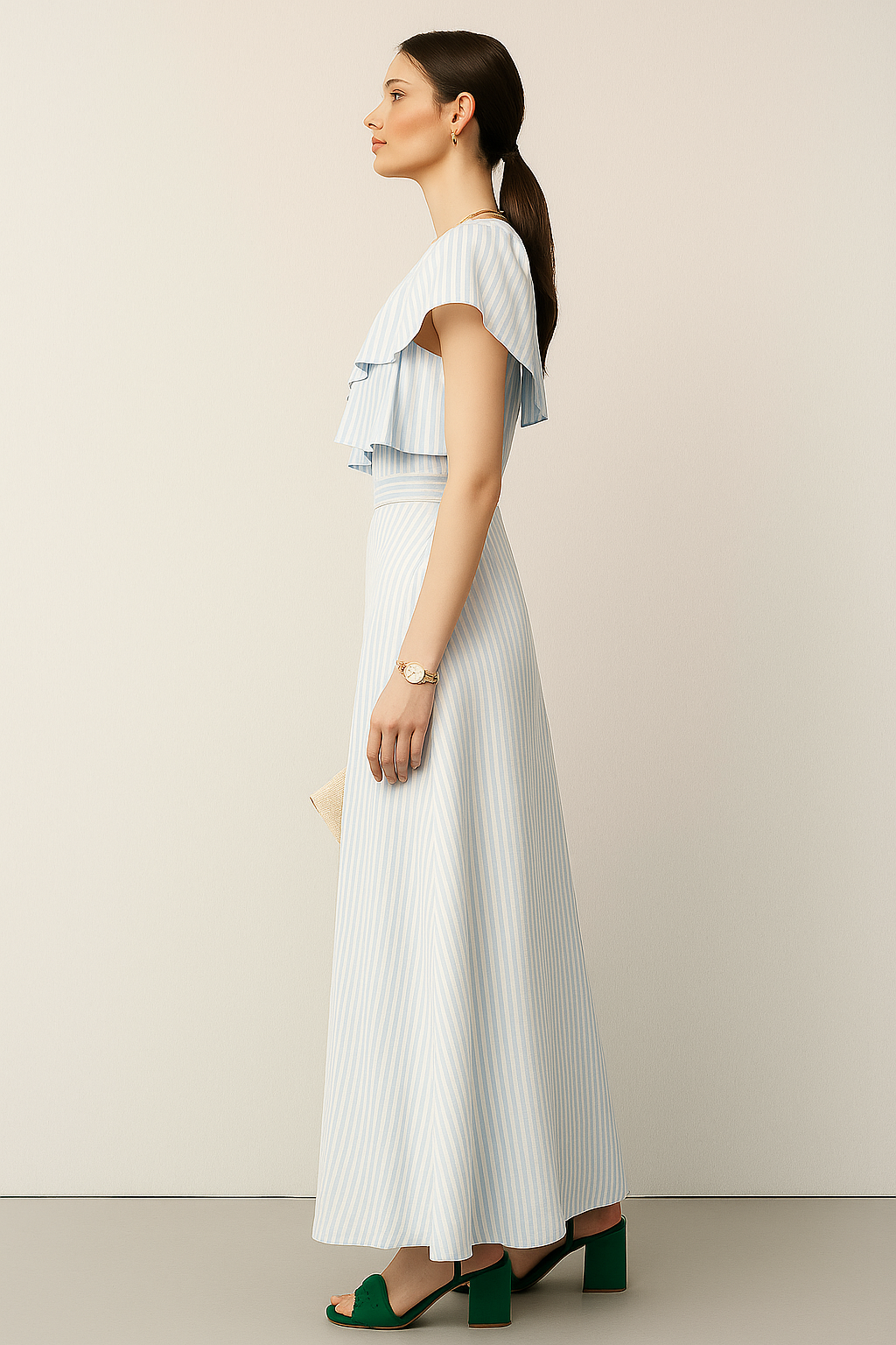 One-Shoulder Ruffle Tiered Bodice Maxi Dress with Vertical Stripes