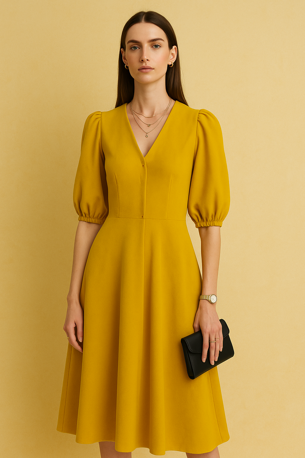 Elegant V-Neck Midi Dress with Puff Sleeves