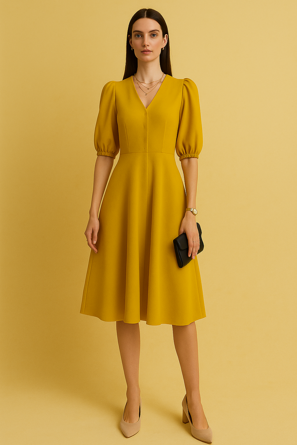 Elegant V-Neck Midi Dress with Puff Sleeves