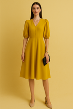 Elegant V-Neck Midi Dress with Puff Sleeves