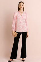 Elegant Geometric Pattern V-Neck Blouse with Puff Sleeves