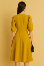 Elegant V-Neck Midi Dress with Puff Sleeves
