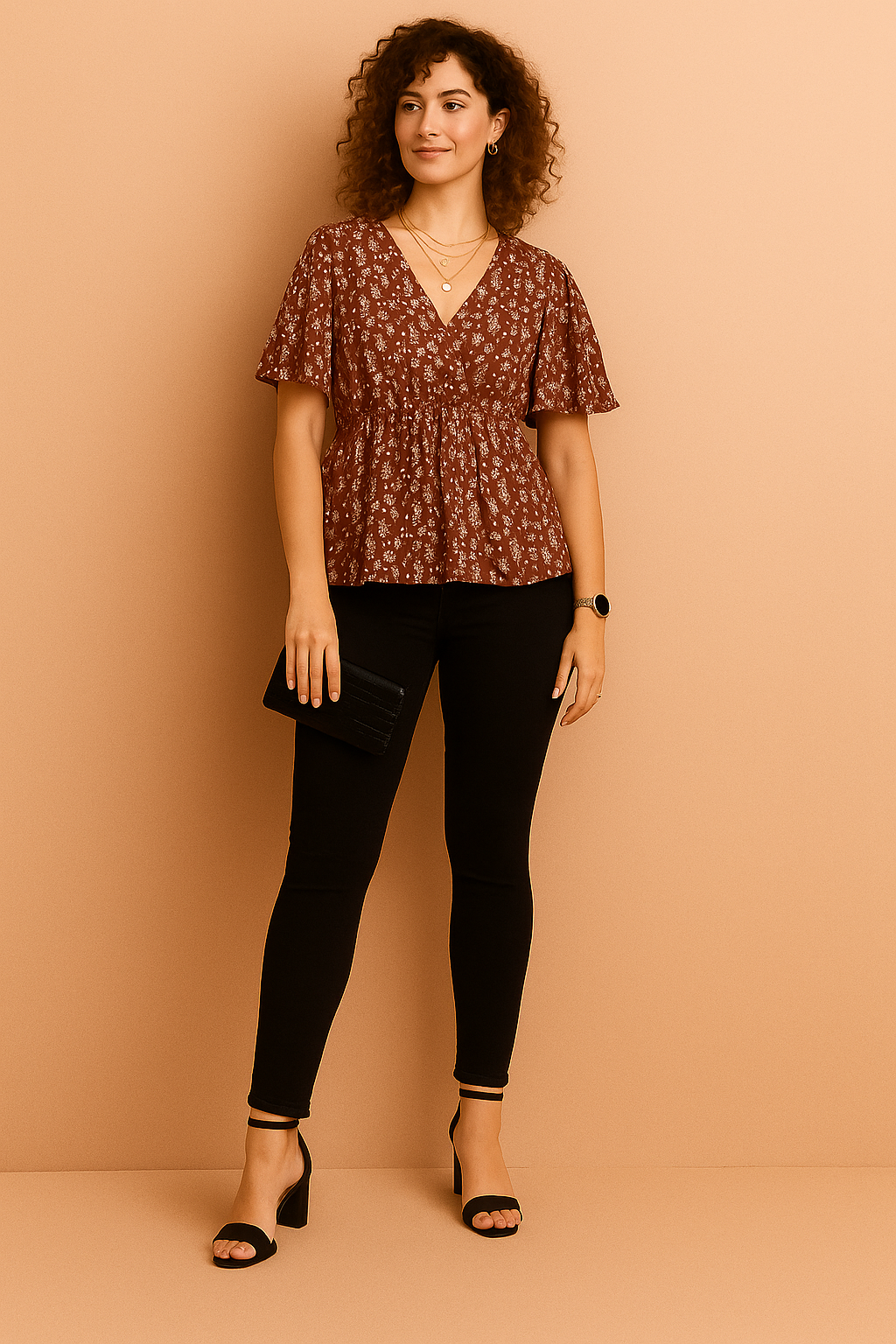 Floral Print V-Neck Peplum Top with Flutter Sleeves