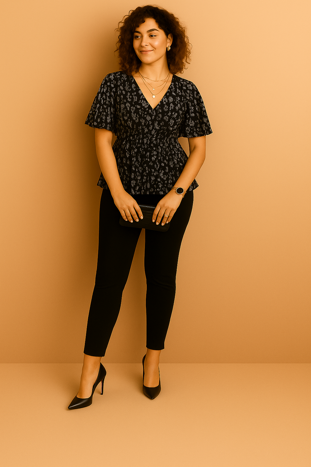 Floral Print V-Neck Peplum Top with Flutter Sleeves