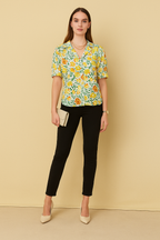 Multicolor Floral Button-Down Shirt in Lightweight Cotton Linen with Hip Length and Half Sleeves
