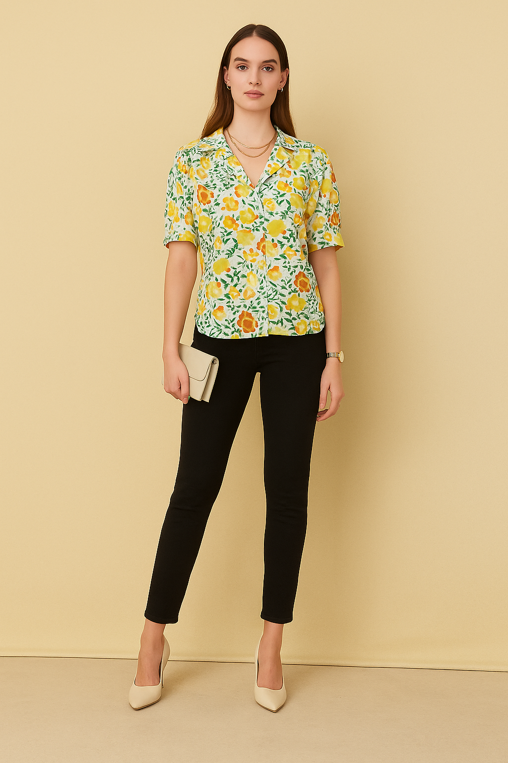 Multicolor Floral Button-Down Shirt in Lightweight Cotton Linen with Hip Length and Half Sleeves