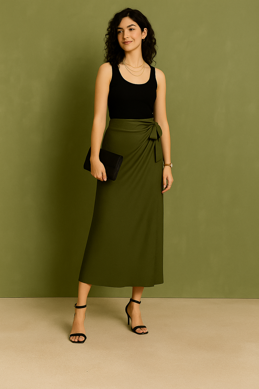 Wrap-Style Midi Skirt with Side Tie Detail