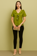 Ruffle Trim V-Neck Blouse with Subtle Leaf Pattern