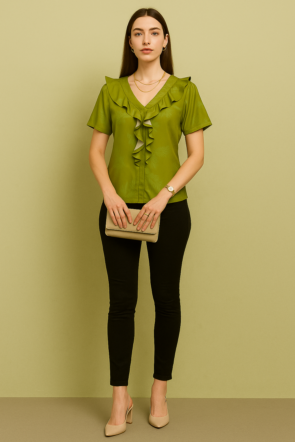 Ruffle Trim V-Neck Blouse with Subtle Leaf Pattern