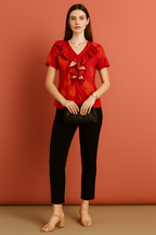 Ruffle Trim V-Neck Blouse with Subtle Leaf Pattern
