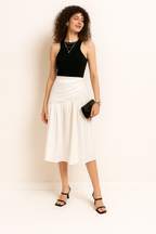 Asymmetric Waist Midi Skirt with Gathered Detail