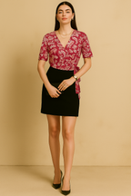 Floral Wrap Top with Short Sleeves in Crepe Fabric