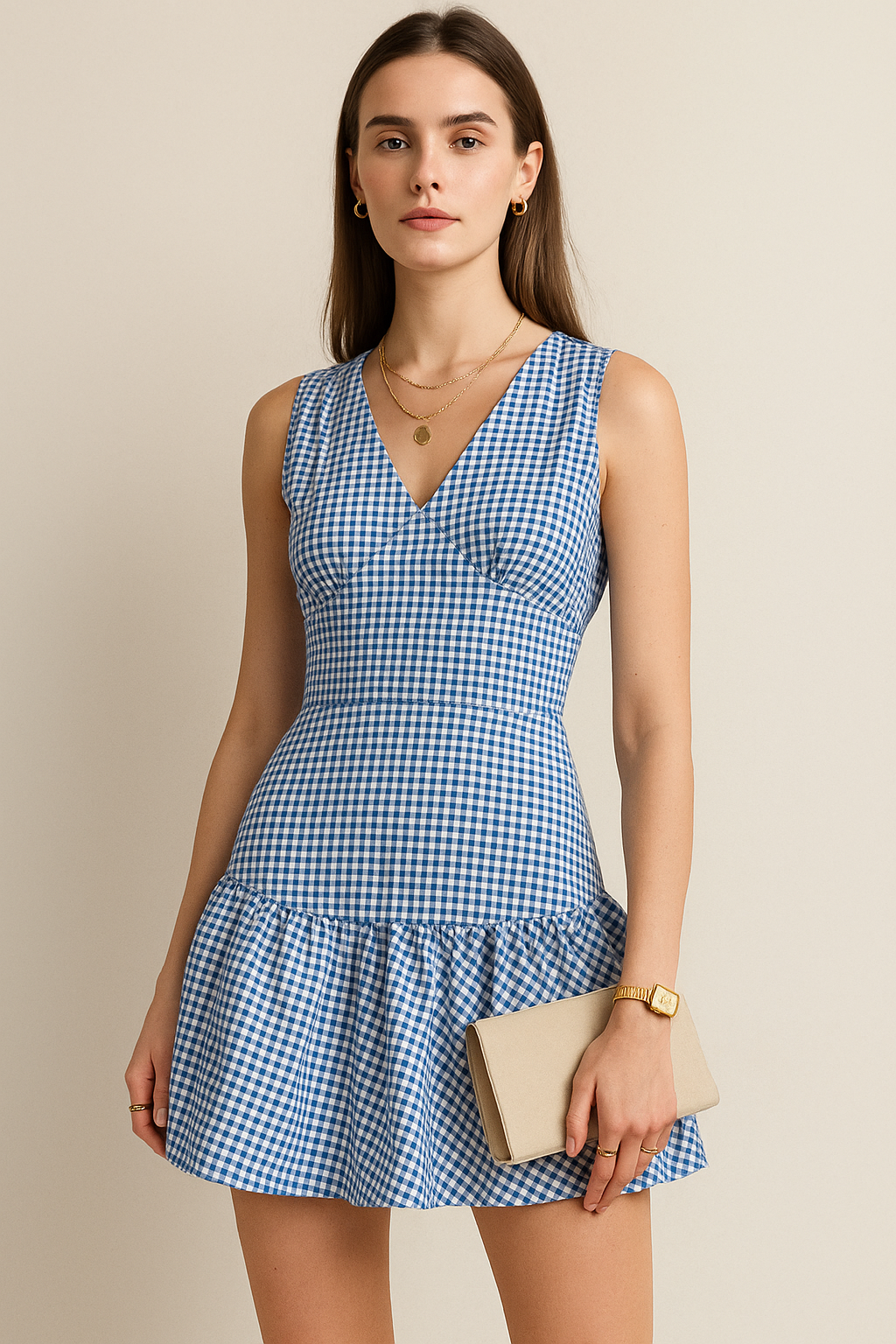 Sleeveless Gingham Mini Dress with V-Neck and Flared Hem