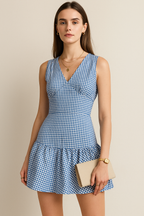 Sleeveless Gingham Mini Dress with V-Neck and Flared Hem
