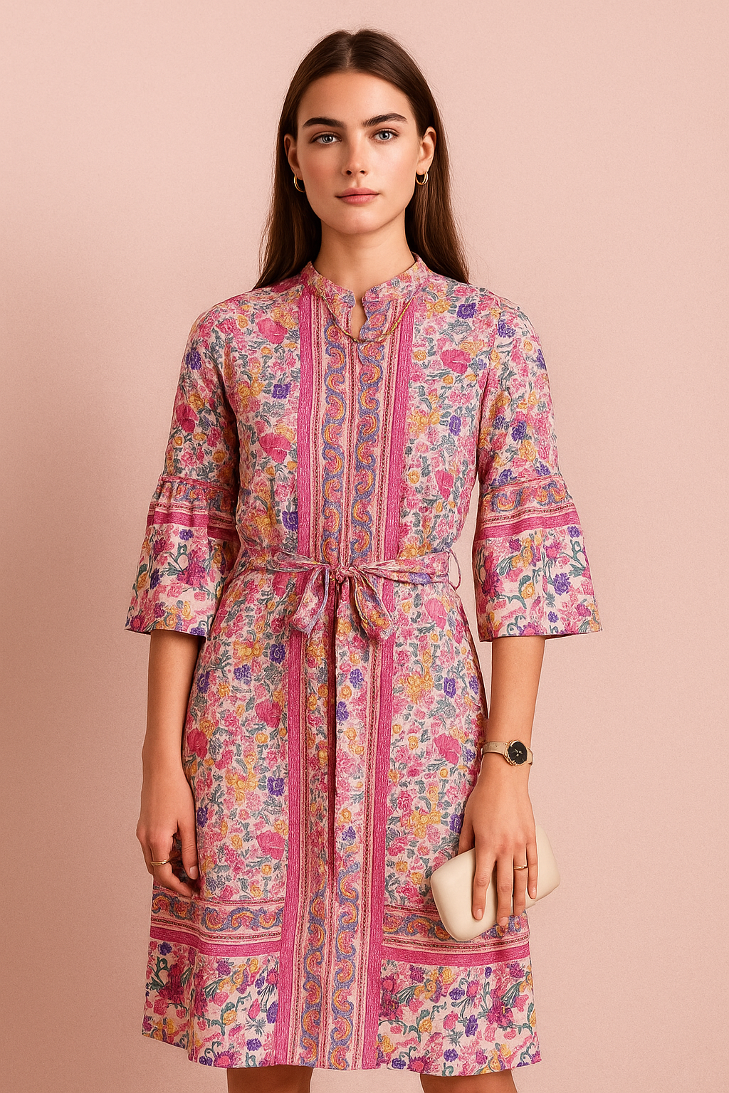 Floral Print Belted A-Line Dress with Bell Sleeves