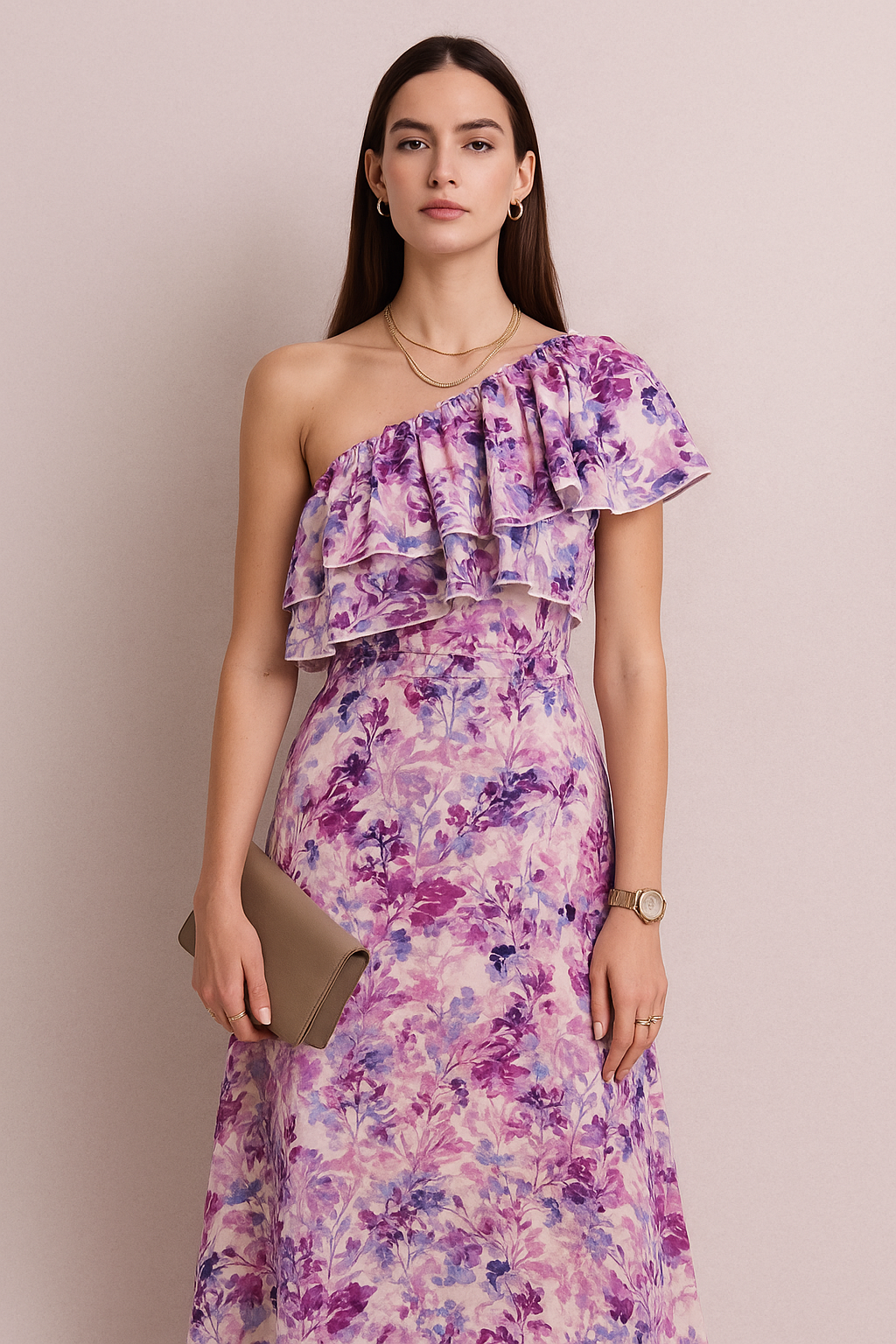 Floral One-Shoulder Ruffle Midi Dress