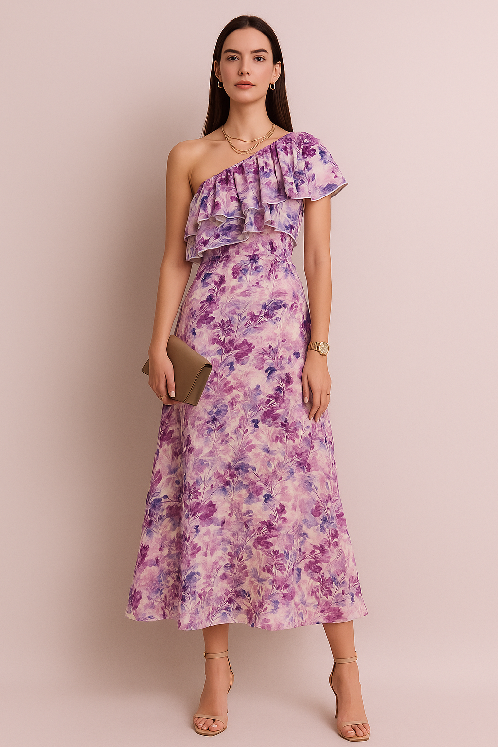 Floral One-Shoulder Ruffle Midi Dress