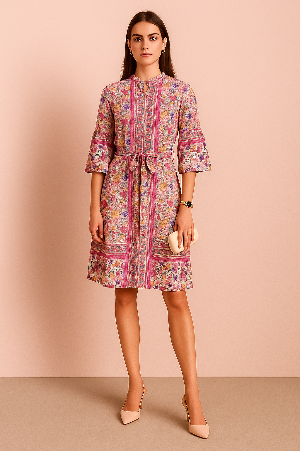 Floral Print Belted A-Line Dress with Bell Sleeves