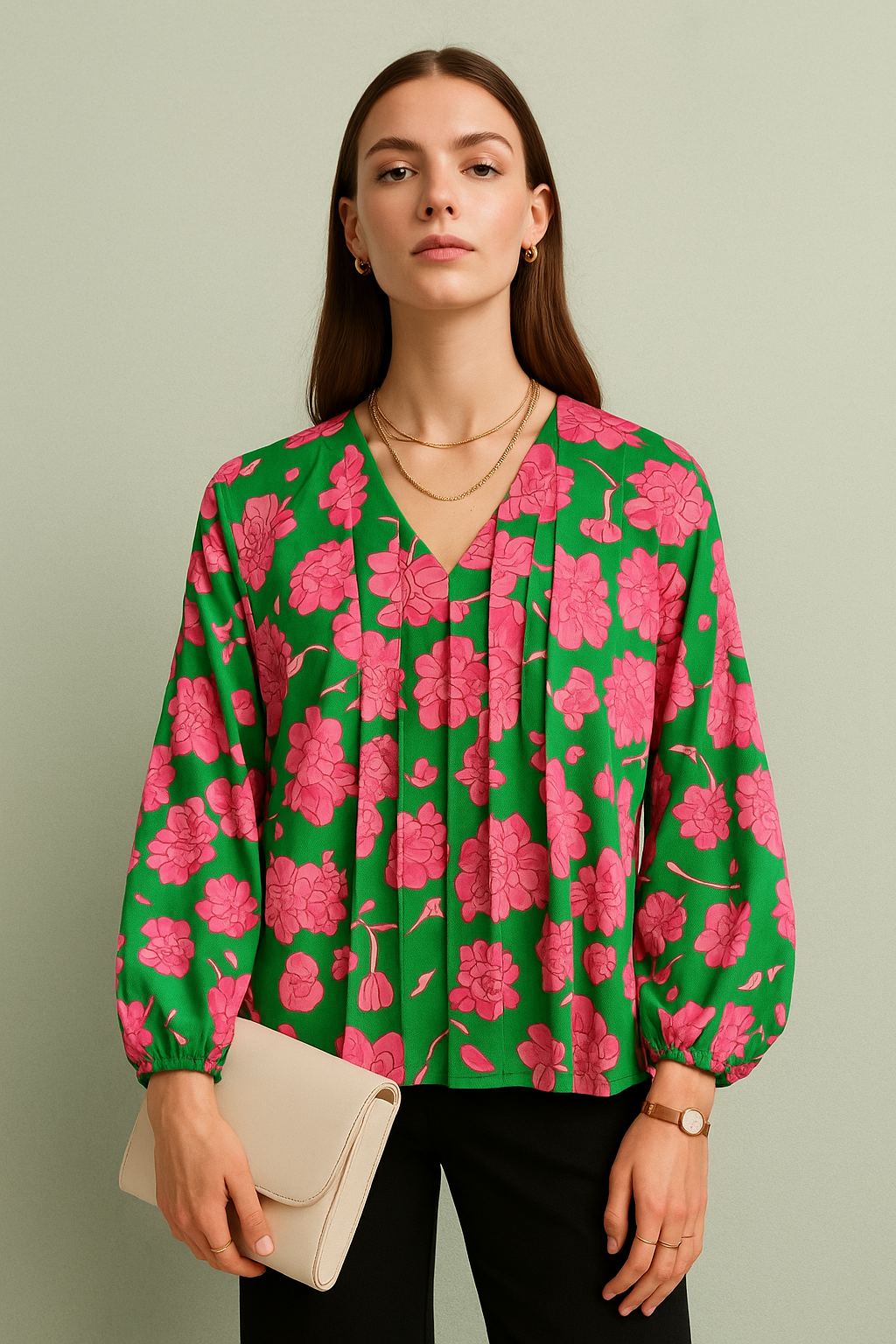 Floral Print V-Neck Puff Sleeve Top