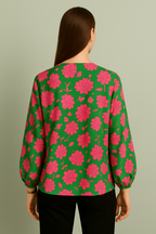 Floral Print V-Neck Puff Sleeve Top
